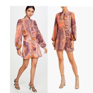 Divine Heritage Bow Tie Long Sleeve Paisley Print Silky Mini Dress
